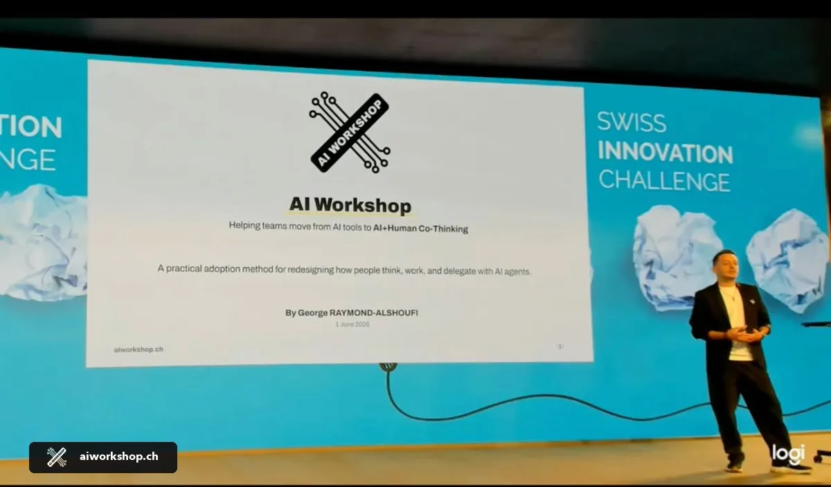 George Raymond-Alshoufi présente AI Workshop Switzerland sur scène lors du pitch Swiss Innovation Challenge 2026