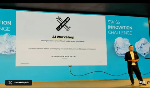 AI Workshop pitch at the Swiss Innovation Challenge 2026, George Raymond-Alshoufi presenting on stage