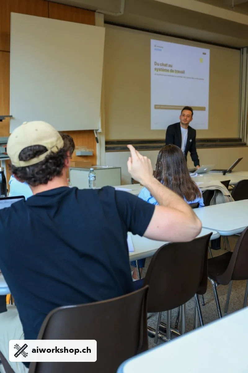 George Raymond-Alshoufi presenting agentic AI training with active Q&A at the Lausanne university workshop