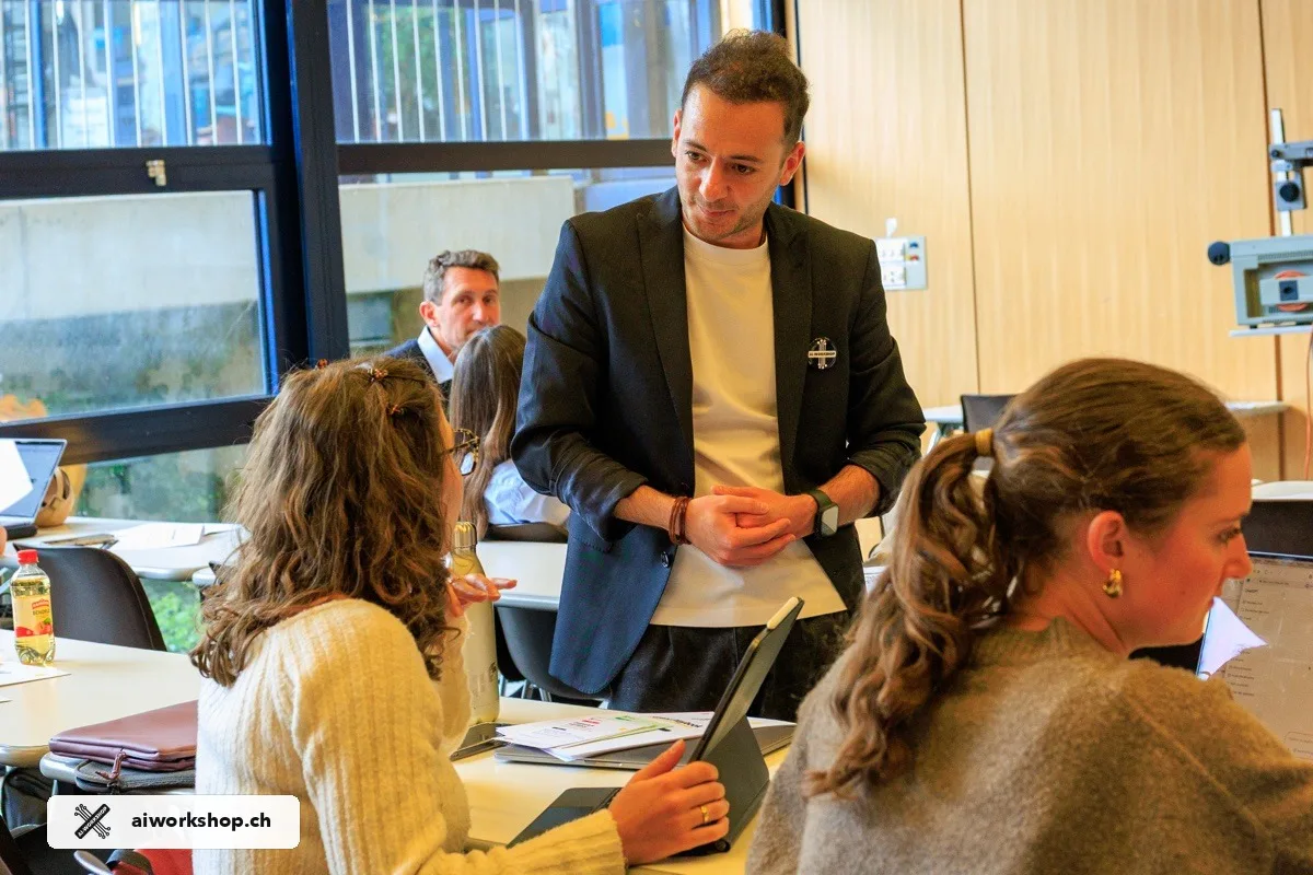 George Raymond-Alshoufi facilitating an agentic AI workshop for Innovation Time Lausanne at UNIL