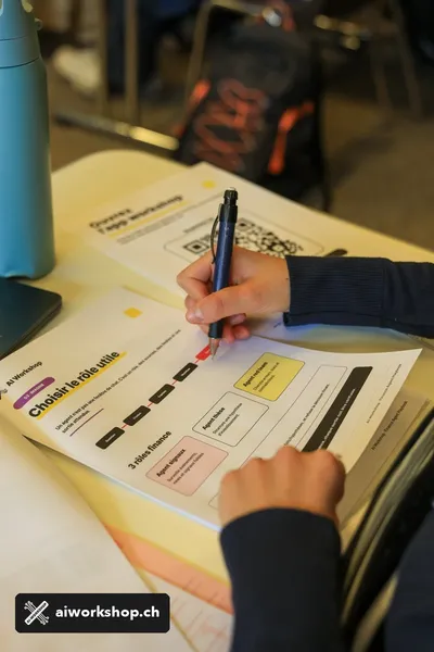 Student completing an AI agent design worksheet during a Lausanne university workshop