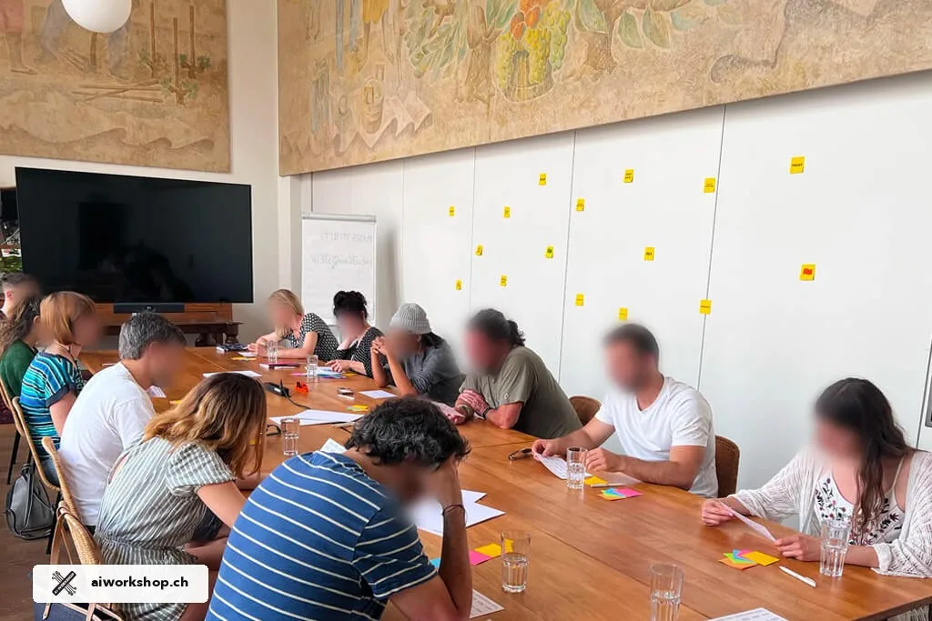 Ein Team strukturiert Ideen mit Workshop-Karten und Haftnotizen. Frühere AI-Workshop-Session · Lausanne.