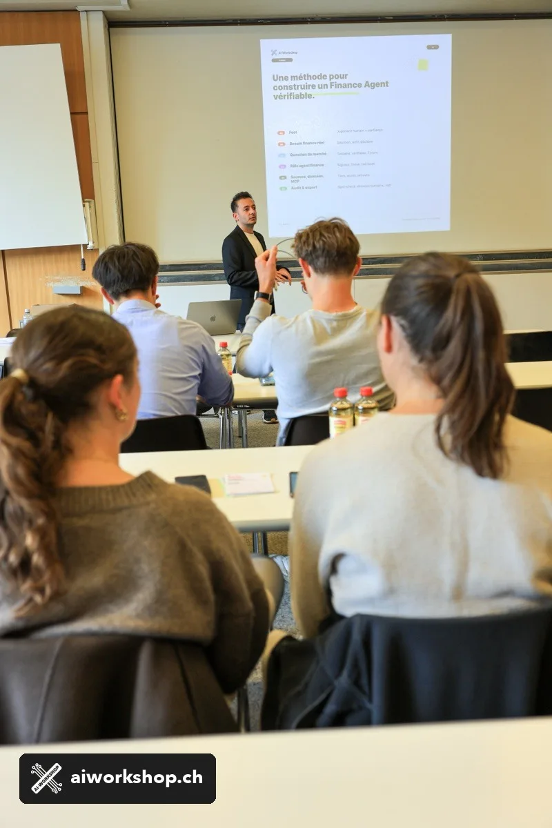 The facilitator presents the next step of a finance-agent exercise at UNIL in Lausanne